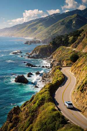 A vehicle travels along a winding coastal highway, showcasing a picturesque landscape. The scene features lush green hills meeting the vibrant turquoise ocean under a clear, sunny sky. The image displays a natural composition with sunlight and detailed textures, suitable for travel or environmental themes.の素材