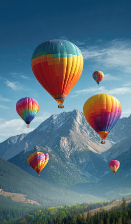 Several vibrant hot air balloons ascend against a mountainous backdrop with lush green vegetation. The balloons display a variety of bright colors and are illuminated by sunlight. This scene, under a clear blue sky, presents a sense of adventure and could be used for various projects.の素材