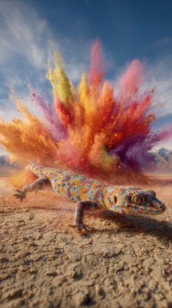 A reptile is captured mid-action with a vibrant explosion of colorful powder in the background. The image presents a dynamic composition, featuring warm tones, textures, and a bright blue sky. This photograph, with its striking contrast and imaginative flair, could be utilized for various commercial and illustrative purposes.の素材