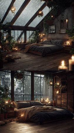 A tranquil bedroom scene showcases a bed, lit by candlelight, under a glass roof. The interior features a natural color palette of browns and greens with a focus on lighting. The composition suggests an intimate, inviting space suitable for various lifestyle or decorative applications, and editorial purposes.の素材