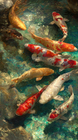 This digital painting depicts various Koi fish gracefully moving in a clear water pond. The artwork showcases vivid colors and detailed textures, highlighting the fish scales and the water's surface. The composition creates a sense of depth and movement, ideal for decorative purposes and editorial use.の素材