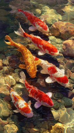 The image captures several koi fish gliding through translucent water. The fish display vibrant orange, white, and yellow hues. Sunlight filters through, illuminating the rocky riverbed below. This image could be used for various commercial or editorial purposes highlighting nature's beauty and tranquility.の素材