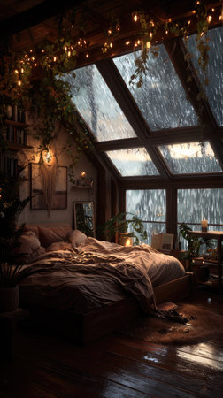 An inviting bedroom scene features a large bed positioned beneath a rain-streaked window. The interior displays warm tones and soft lighting, creating a relaxing atmosphere. The image showcases textures, from the bed covering to the wooden structures, suitable for lifestyle and home decor projects.の素材