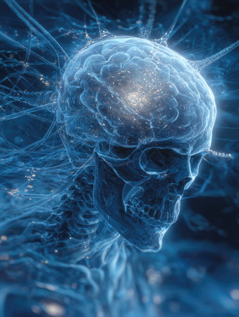 An artistic illustration presents a human skull and brain rendered with a glowing, ethereal effect. The artwork showcases a predominantly blue color palette, with intricate lines and details. It could be suitable for various applications related to science, medicine, technology, or creative design projects. This imagery offers copy space for further use.の素材