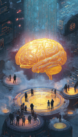 An illustration depicts a large, luminous brain floating above platforms with miniature figures, suggesting a concept of thought. The artwork displays a digital atmosphere with an emphasis on blue and yellow hues. This image could be used for articles or commercial designs related to technology or innovation.の素材