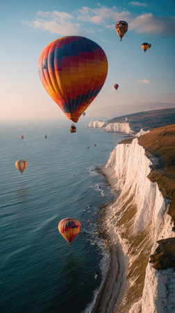 Several hot air balloons ascend over a coastal landscape, featuring white cliffs and an expansive ocean. The image showcases vibrant colors against a blue sky, enhanced by soft sunlight. The composition emphasizes depth and scale, ideal for travel, adventure, and exploration themes, suitable for various commercial applications.の素材