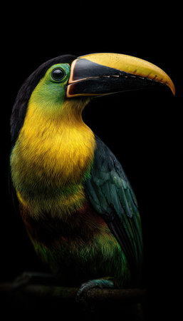 A close-up portrait showcases a vibrant toucan with bright yellow, green, and black plumage. The bird's long beak and striking eye are prominent against a stark black background. The image exhibits a high level of detail and color contrast, lending itself well to editorial and commercial applications.の素材