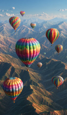 Numerous hot air balloons of vibrant colors float above a vast mountain range. The image showcases a high-angle view with strong sunlight creating shadows and highlights. The balloons' textures contrast with the rugged terrain below. This aerial view could be used for various commercial or editorial projects, emphasizing adventure and travel.の素材