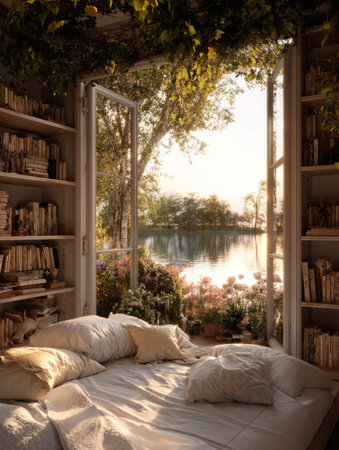 A bedroom interior features a comfortable bed with soft pillows, books and an open window. Sunlight streams through the window illuminating a calm lake scene and lush greenery. The composition presents a warm color palette with soft textures, evoking a sense of tranquility. Suitable for editorial and commercial applications.の素材