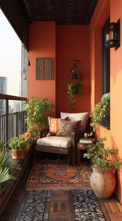 An inviting balcony features comfortable seating and potted plants, creating a serene atmosphere. The scene is dominated by warm orange tones, a decorative rug, and natural light. This setup could be used for lifestyle, home decor, or architectural visualizations, appealing to those seeking tranquility.の素材