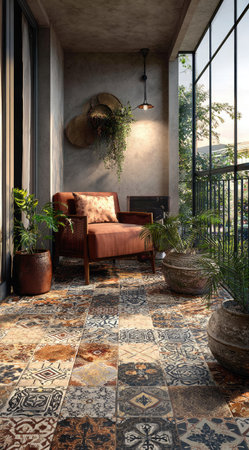 An inviting balcony scene features a leather armchair surrounded by potted plants. Sunlight streams through large windows, illuminating the textured floor. The design incorporates natural elements and decorative items. Suitable for use in lifestyle or architectural-themed projects, it creates a sense of tranquility.の素材
