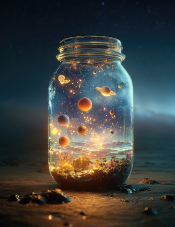 An artistic image presents a glass jar containing a miniature cosmos with planets and celestial bodies. The scene features warm, glowing colors set against a dark, dramatic background. The composition suggests an imaginative concept, perfect for use in design projects, advertising campaigns, and various creative endeavors.の素材