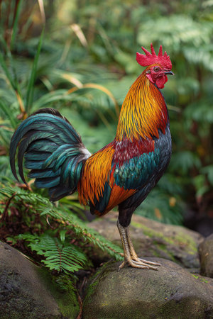 A vibrant rooster is perched on a rock, showcasing its rich plumage of red, orange, green, and blue hues. The composition features soft lighting that highlights the textures of the feathers and surrounding vegetation. This image may be suitable for a variety of editorial or commercial purposes.の素材