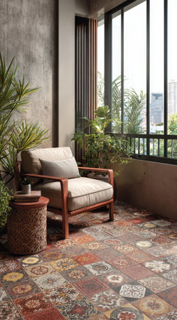 An inviting balcony scene features an armchair, small table, and diverse plants. The composition uses natural light and a varied floor pattern, offering a sense of depth. The imageの素材