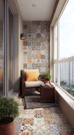 A well-lit balcony features an inviting interior. The space incorporates patterned tiles, a wooden chair with an orange cushion, and a small table. Natural light streams in through a large window, suggesting a bright and airy atmosphere. Suitable for use in design, lifestyle, or architectural projects.の素材
