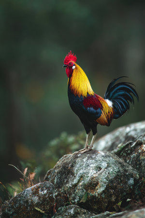 A vibrant rooster stands proudly atop a weathered rock, its plumage a combination of red, yellow, and black. The scene is bathed in soft natural light, and the blurred green background suggests an outdoor environment. This image is suitable for various commercial uses, including illustrations and editorial content.の素材