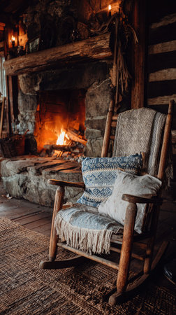 A wooden rocking chair sits before a stone fireplace with a glowing fire. The scene features soft textiles like blankets and pillows in varying textures and patterns. The composition is warm and inviting with subdued lighting suggesting an indoor setting. Suitable for themes of relaxation, comfort, and home decor editorial uses.の素材