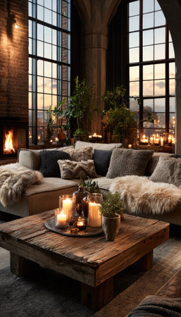 An inviting living space features a plush sofa adorned with pillows and throws. The room is illuminated by warm, ambient lighting, including candles and a fireplace. Large windows offer a view of the sunset, casting a soft glow. This scene can be suitable for various commercial purposes, like home decor, or lifestyle content.の素材