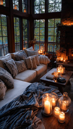 A living room interior features a large sofa and numerous pillows with soft lighting from candles and ambient lamps. The scene incorporates wooden elements, creating a comfortable and inviting mood. This image may be suitable for interior design, lifestyle content, or commercial use.の素材