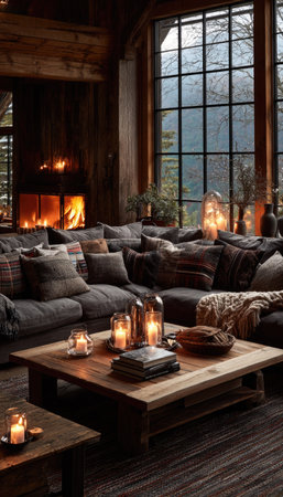 This image presents a warmly lit living room, showcasing a large sectional sofa and a wooden coffee table. The scene features a fireplace and multiple candles, highlighting a blend of textures, primarily wood and soft fabrics. The composition suggests an indoor setting, possibly during evening hours, suitable for relaxation. It is well-suited for lifestyle or home decor projects.の素材