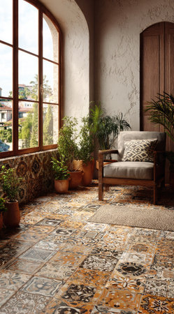 An inviting indoor scene showcases an armchair, various potted plants, and decorative patterned tiles. The composition emphasizes natural light streaming through a large arched window. The neutral color palette and textures create a calm and comfortable environment suitable for a range of uses including interior design concepts.の素材