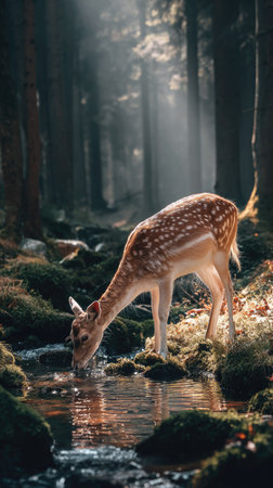 A graceful deer is captured drinking from a small body of water in a forest. The image features a vertical composition with warm sunlight filtering through the trees, illuminating the animal and its surroundings. The scene showcases a natural habitat, with rich greens and browns. Suitable for various commercial and editorial applications.の素材