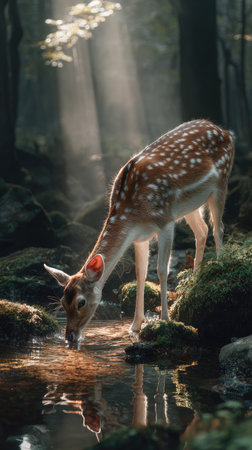 A graceful deer is seen drinking from a pond, set within a lush forest environment. The composition highlights the animal's silhouette against the sunlight, showing its spotted fur. The scene uses natural lighting and a slightly blurred background, adding depth. Suitable for various editorial and commercial projects.の素材
