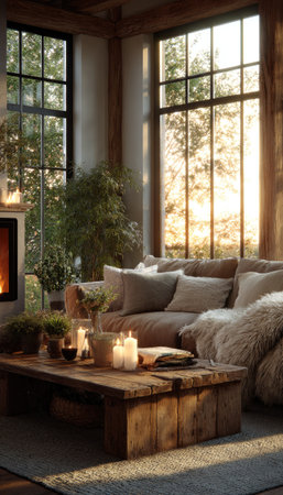 A living room features a sofa with pillows, set near large windows that allow natural light to fill the space. A wooden table holds candles and decor. Warm colors and textures dominate the scene. This image could be used for interior design, home decor, or lifestyle related projects.の素材