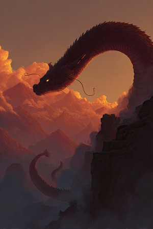 An illustration depicts a long dragon soaring through a cloud filled sky. The image features warm tones of orange and red, suggesting a sunset or sunrise. The dragon is rendered with detailed textures. It has a silhouette-like design against the bright sky, which gives a dramatic effect. This art is suitable for fantasy themes or illustrative projects.の素材