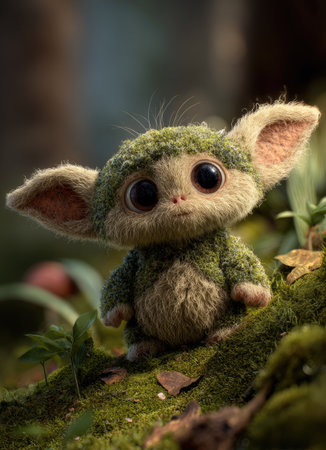 A whimsical creature with large eyes and green fur is the focal point, posed on a mossy surface. The illustration showcases soft textures and natural hues, suggesting a forest environment under diffused lighting. This image could be suitable for various applications, including children's media or fantasy-themed projects.の素材