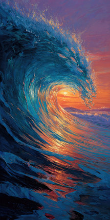 An artistic depiction of a large ocean wave breaking, illuminated by a warm sunset. The artwork features intense blues, oranges, and purples creating a dramatic visual effect. The composition suggests an outdoor environment, possibly for use in editorial content or as decorative imagery.の素材