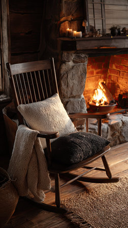 An inviting scene features a wooden rocking chair adorned with pillows and a blanket. The warm glow of a fireplace illuminates the scene, enhancing the textures of the stone, wood, and soft furnishings. This image captures a sense of comfort and relaxation suitable for various commercial and editorial applications.の素材