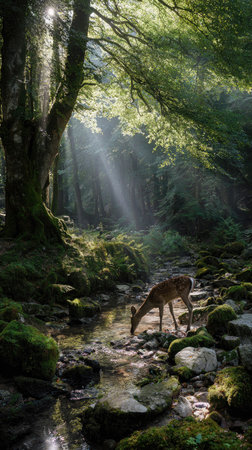A deer bends to drink from a stream in a verdant forest, illuminated by shafts of sunlight. The scene showcases vibrant greens and the texture of moss-covered rocks. The composition features a naturalistic aesthetic, potentially suitable for environmental or nature-themed projects, and could be utilized for various commercial purposes.の素材