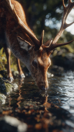 A deer leans to drink water from a body of water in this outdoor scene. The lighting suggests sunlight on the animal and the water's surface, reflecting the surrounding environment. The composition could be used for illustrations, or various commercial and editorial applications, showcasing natural beauty.の素材