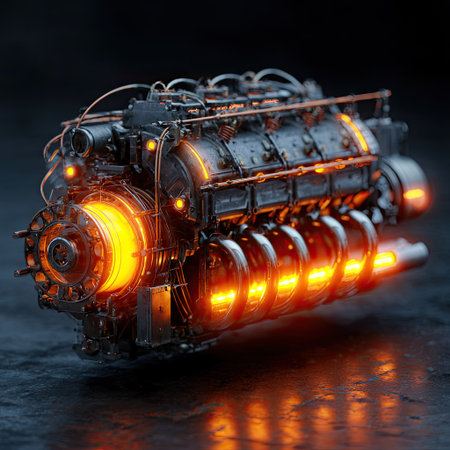 This image showcases a detailed illustration of an engine, highlighting its intricate design and components. The metallic textures are enhanced with glowing orange elements, creating a visually striking effect. The composition suggests a dynamic environment, potentially suitable for technical, educational, or commercial applications.の素材