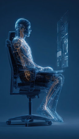 A digitally rendered human form is seated at a desk, appearing to interact with computer screens. The image displays a transparent figure with illuminated internal structures. The composition uses a dark blue background, with the scene suggesting technological concepts suitable for various commercial uses.の素材