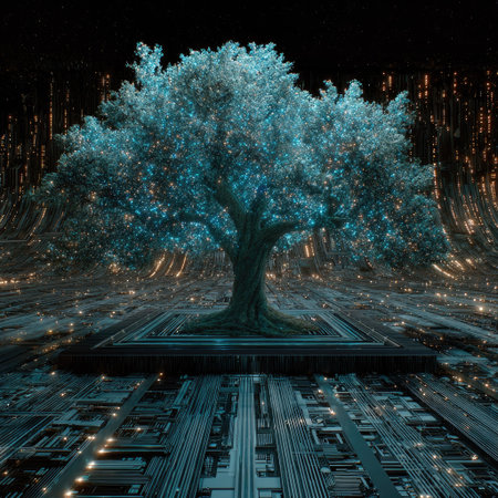 An illustration depicts a vibrant tree with luminous blue foliage, contrasted against a dark background with digital elements. The composition shows an overhead perspective, displaying a futuristic environment. The image uses artificial lighting and could be suitable for various commercial purposes. The tree is isolated on a structured platform.の素材
