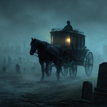 A horse-drawn carriage stands in a misty cemetery at night. The image showcases a dark horse with a traditional carriage in a gothic setting. The composition features a somber atmosphere, with dim lighting highlighting the carriage and surrounding tombstones. This imagery is suitable for various editorial and conceptual projects.の素材
