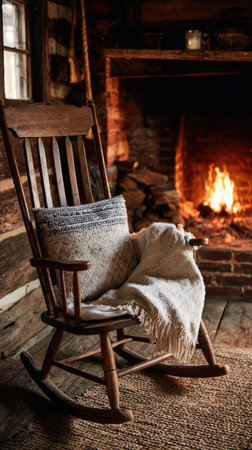 A wooden rocking chair is presented with a blanket and cushion. The scene is illuminated by the warm glow of a burning fireplace. The lighting suggests an indoor setting. This image may be suitable for illustrating concepts of comfort and relaxation or for commercial applications.の素材