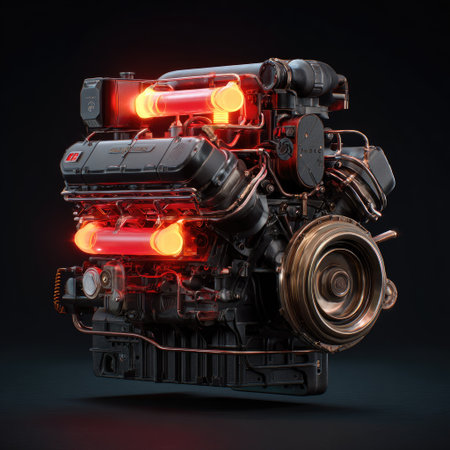 This image showcases a detailed engine model, likely digital, featuring various mechanical components. The engine is set against a dark background, highlighted by vibrant, glowing elements. The composition suggests technical precision, potentially suitable for industrial design, engineering, or promotional materials. The lighting creates a dramatic visual appeal, emphasizing the complex structure.の素材