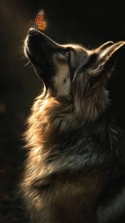 A dog observes a butterfly, lit by warm sunlight. The animal has a fluffy coat and is set against a dark background, creating a dramatic contrast. The image uses a shallow depth of field, with soft focus elements. Suitable for nature-related content, animal welfare, or conceptual design.の素材