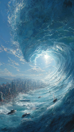 An enormous ocean wave crests, poised to crash upon a distant cityscape. The artwork features vibrant blues and whites, with dynamic motion and textural detail. The composition uses perspective to draw the viewer's eye. Suitable for visual storytelling, illustration, or conveying concepts related to power and environment.の素材