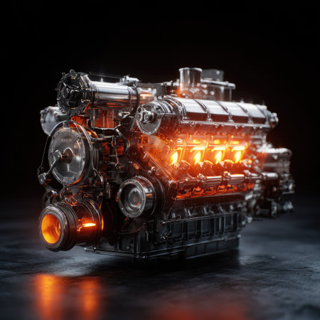 An intricate engine is illuminated by an internal orange glow against a dark background. The chrome and steel construction reflects ambient light, highlighting the mechanical parts. The composition utilizes low-key lighting, creating a dramatic, studio-like presentation suitable for technical or conceptual publications.の素材