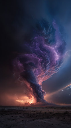 An impressive cloud structure dominates the scene, featuring swirling formations and a spectrum of colors. The dynamic composition presents vivid purples and oranges, suggesting a storm over a barren plain. This image would be suitable for various commercial uses, illustrating natural phenomena or atmospheric events.の素材