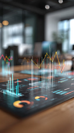 An image showcases a digital tablet displaying data visualizations in a blurred office setting. The tablet's screen shows complex charts and graphs in vibrant colors. The composition features a wooden table, possibly suggesting a workspace. Suitable for use in presentations, articles, or marketing materials related to technology and business intelligence.の素材