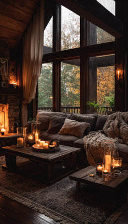 An inviting interior scene features a living room with a fireplace, comfortable seating, and soft candlelight. The composition displays a wooden coffee table, a large window, and warm tones. This image provides a sense of relaxation and could be suitable for various commercial purposes, including home decor or lifestyle concepts.の素材