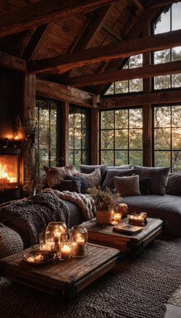 This interior photograph features a comfortable living room with a lit fireplace, sofas, and wooden elements. The warm color palette and soft lighting create a welcoming ambiance. Large windows offer views of the outdoors, suitable for various editorial and commercial applications. The composition emphasizes comfort and relaxation.の素材