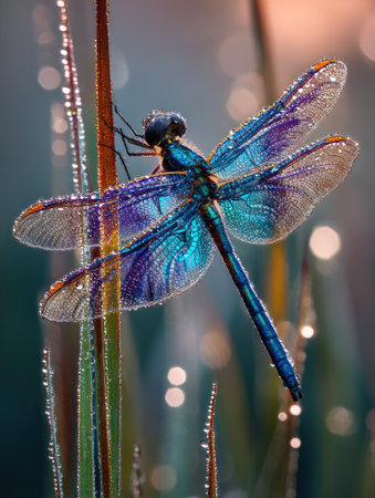 A vibrant dragonfly is captured delicately perched on a slender stem, its wings reflecting a spectrum of blue and purple hues. The image showcases intricate details of the insect against a backdrop of soft light and dew-covered vegetation. Suitable for nature-themed projects, scientific illustrations, and editorial content.の素材