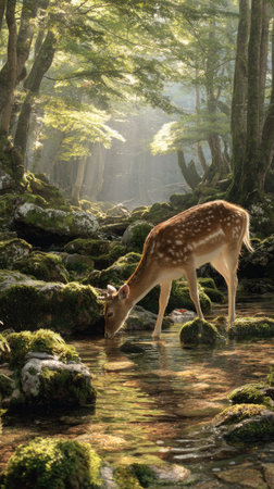 A single deer is captured drinking from a stream within a forest. The scene presents a natural composition with soft lighting filtering through the trees, highlighting the deer's form. The image suggests a peaceful moment in nature, suitable for various editorial and commercial applications. The environment is rich with varied textures and tones.の素材