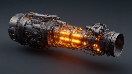 This image presents a complex, metallic engine component with intricate details. The object features a dark color palette with contrasting warm, glowing internal elements. The composition showcases a close-up view, emphasizing the textures and forms. Suitable for illustrating technology, engineering, or conceptual design projects. It could also be used in various commercial or editorial applications.の素材